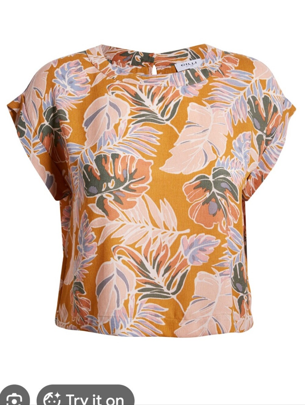 Gilli Mustard Floral Boxy Short Sleeve Top
